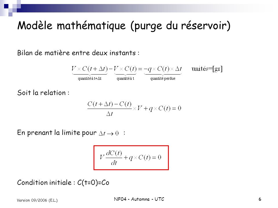 NF04 - Automne - UTC6 Version 09/2006 (E.L.) Modèle mathématique (purge du réservoir) Bilan de matière entre deux instants : Soit la relation : En prenant la limite pour : Condition initiale : C(t=0)=Co