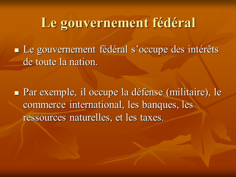 Le gouvernement fédéral Le gouvernement fédéral soccupe des intérêts de toute la nation.