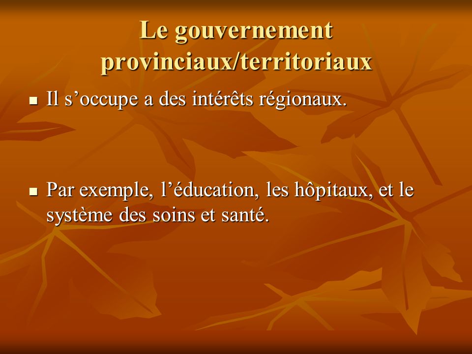 Le gouvernement provinciaux/territoriaux Il soccupe a des intérêts régionaux.
