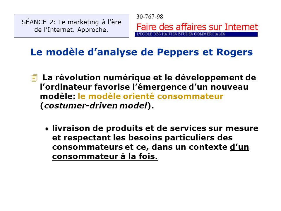 Le modèle danalyse de Peppers et Rogers 4 La révolution numérique et le développement de lordinateur favorise lémergence dun nouveau modèle: le modèle orienté consommateur (costumer-driven model).