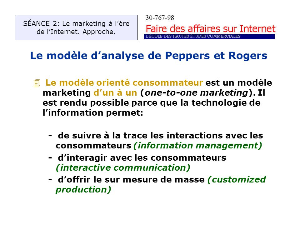 Le modèle danalyse de Peppers et Rogers 4 Le modèle orienté consommateur est un modèle marketing dun à un (one-to-one marketing).