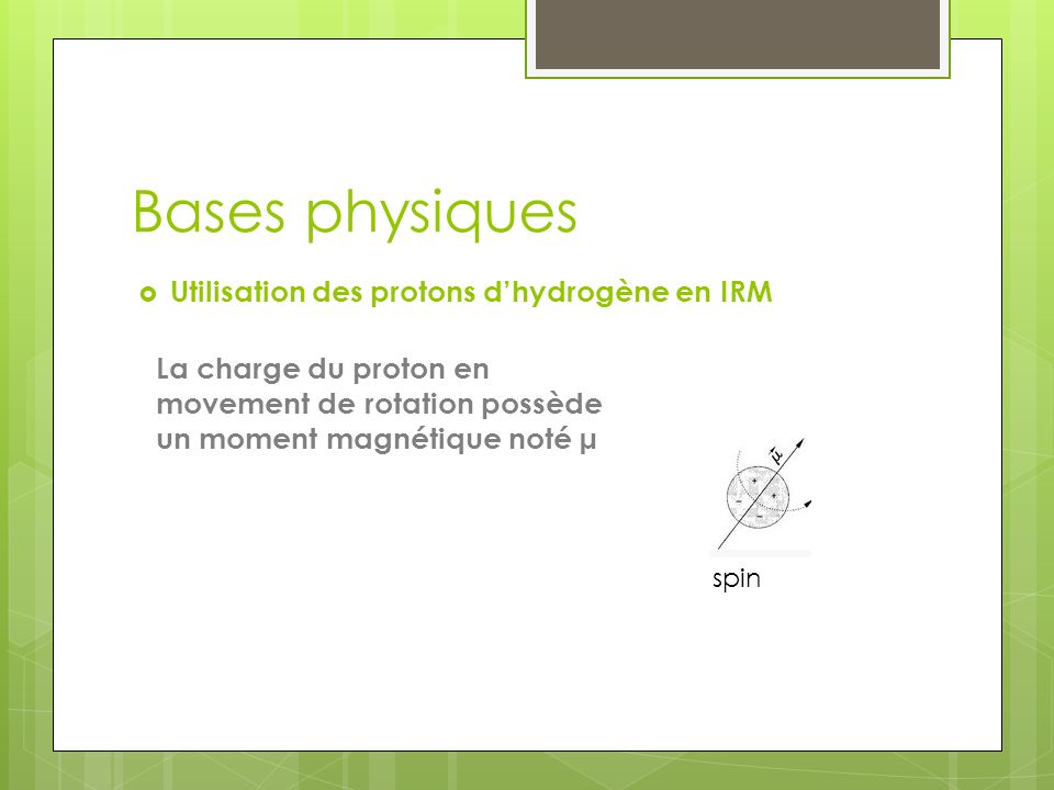 Bases physiques  Utilisation des protons d’hydrogène en IRM La charge du proton en movement de rotation possède un moment magnétique noté µ spin