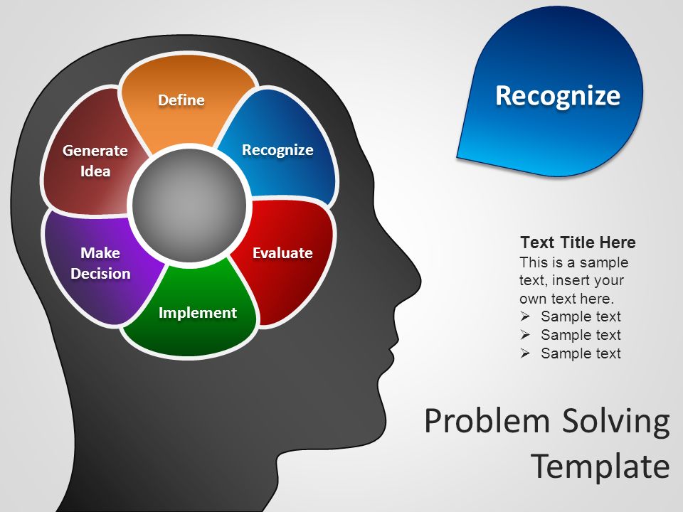 Problem Solving Template Recognize Evaluate Implement Make Decision Make Decision Generate Idea Generate Idea Define Text Title Here This is a sample text, insert your own text here.