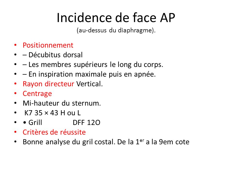 Incidence de face AP (au-dessus du diaphragme).