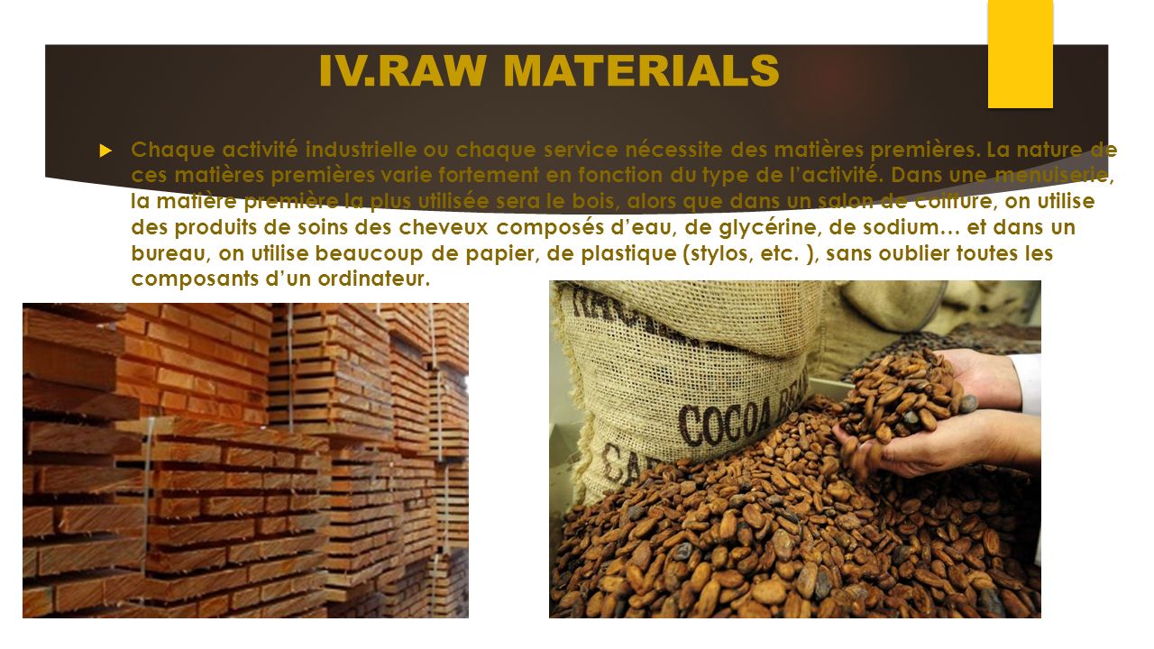 IV.RAW MATERIALS  Chaque activité industrielle ou chaque service nécessite des matières premières.
