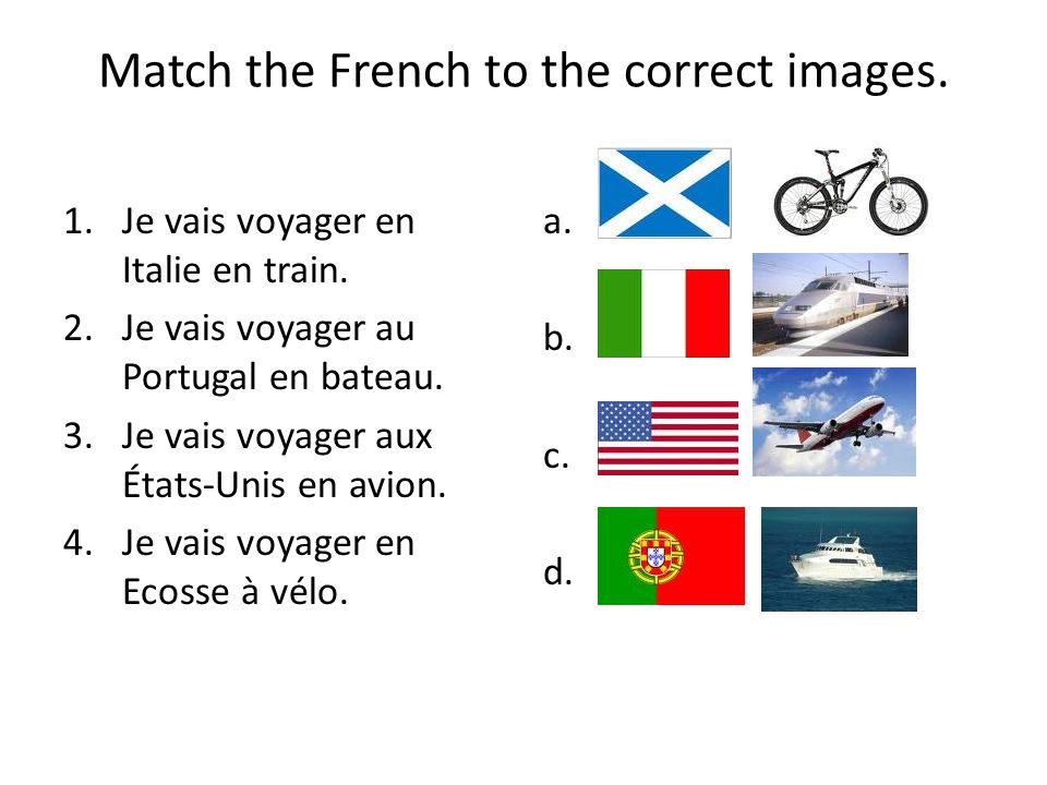 Match the French to the correct images. 1.Je vais voyager en Italie en train.