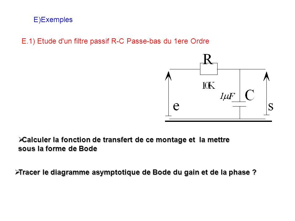 E)Exemples E.1) Etude d un filtre passif R-C Passe-bas du 1ere Ordre  Calculer la fonction de transfert de ce montage et la mettre sous la forme de Bode  Tracer le diagramme asymptotique de Bode du gain et de la phase