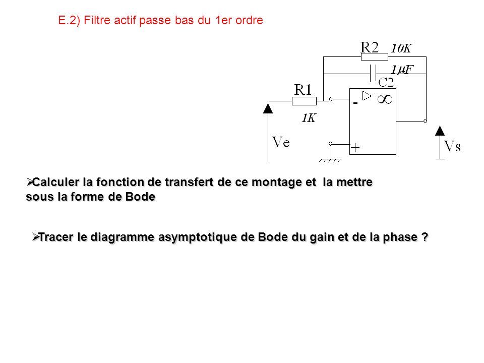 E.2) Filtre actif passe bas du 1er ordre  Calculer la fonction de transfert de ce montage et la mettre sous la forme de Bode  Tracer le diagramme asymptotique de Bode du gain et de la phase