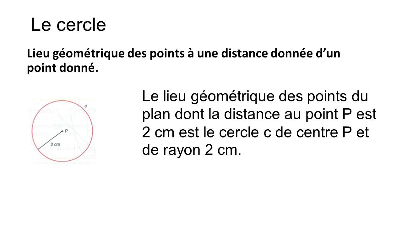 Le cercle Lieu géométrique des points à une distance donnée d’un point donné.
