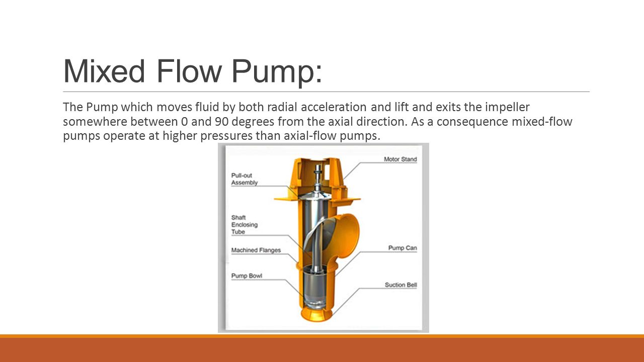Mixed Flow Pump: The Pump which moves fluid by both radial acceleration and lift and exits the impeller somewhere between 0 and 90 degrees from the axial direction.