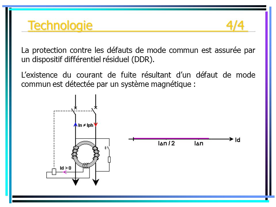 L’existence du courant de fuite résultant d’un défaut de mode commun est détectée par un système magnétique : La protection contre les défauts de mode commun est assurée par un dispositif différentiel résiduel (DDR).