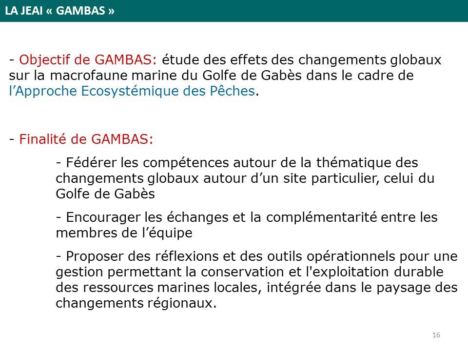 - Objectif de GAMBAS: étude des effets des changements globaux sur la macrofaune marine du Golfe de Gabès dans le cadre de l’Approche Ecosystémique des Pêches.