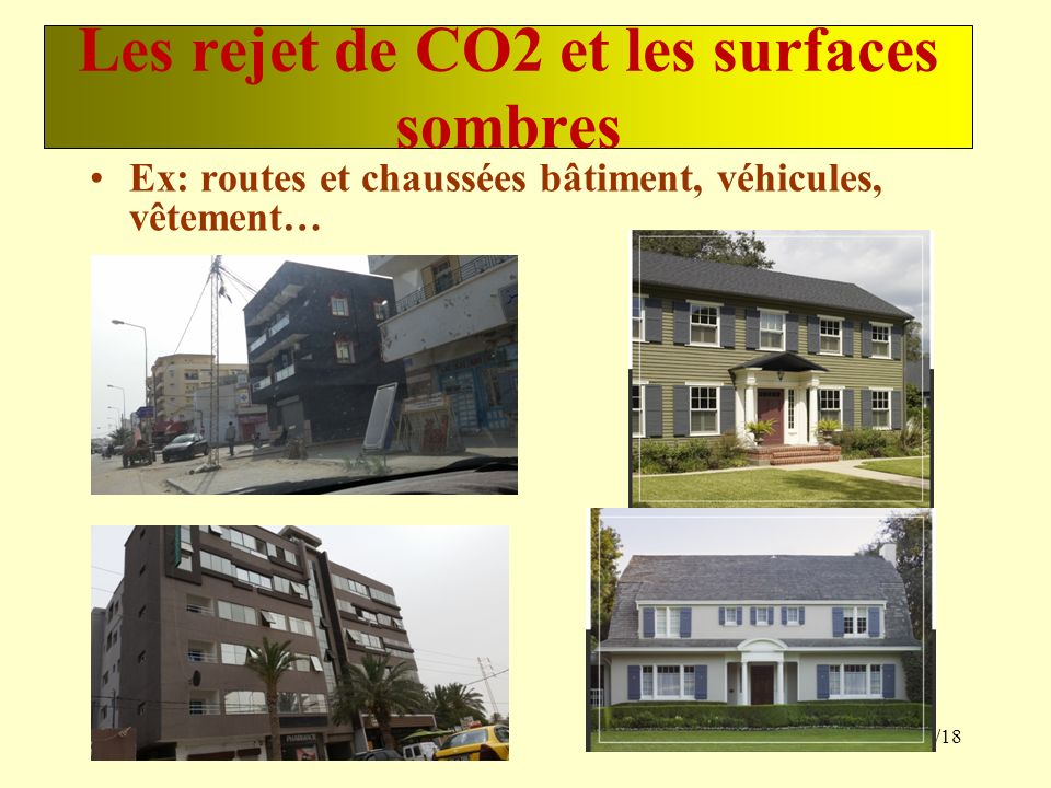 Les rejet de CO2 et les surfaces sombres Ex: routes et chaussées batiment, véhicules, vetement… 12/18