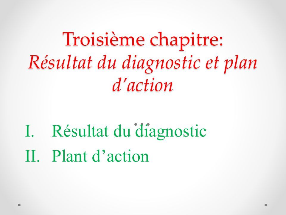 Troisième chapitre: Résultat du diagnostic et plan d’action I.Résultat du diagnostic II.Plant d’action