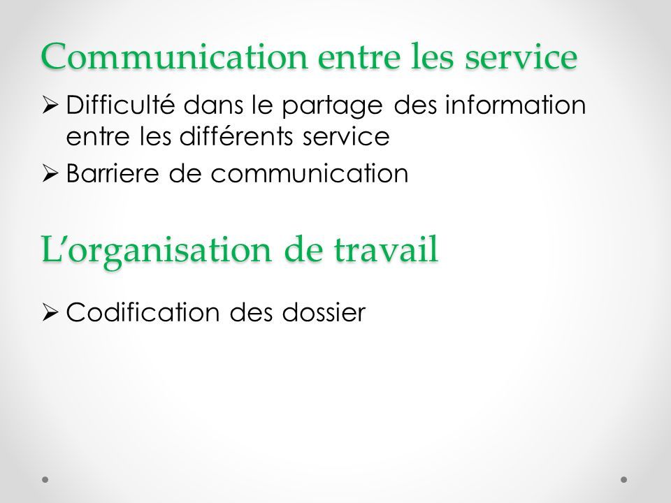Communication entre les service  Difficulté dans le partage des information entre les différents service  Barriere de communication L’organisation de travail  Codification des dossier