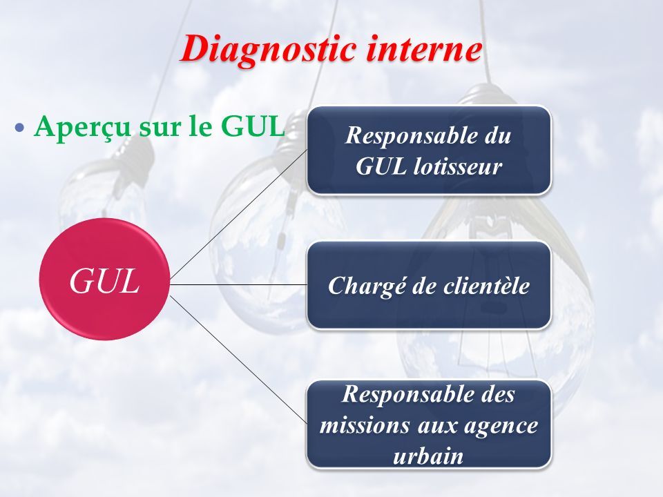 Diagnostic interne Aperçu sur le GUL Responsable du GUL lotisseur Chargé de clientèle Responsable des missions aux agence urbain GUL