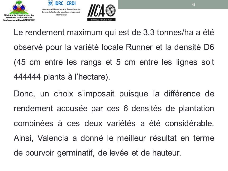 Le rendement maximum qui est de 3.3 tonnes/ha a été observé pour la variété locale Runner et la densité D6 (45 cm entre les rangs et 5 cm entre les lignes soit plants à l’hectare).