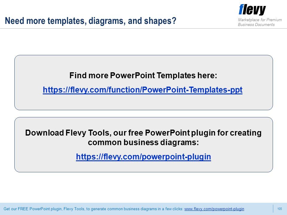 105 Marketplace for Premium Business Documents Get our FREE PowerPoint plugin, Flevy Tools, to generate common business diagrams in a few clicks:   Need more templates, diagrams, and shapes.