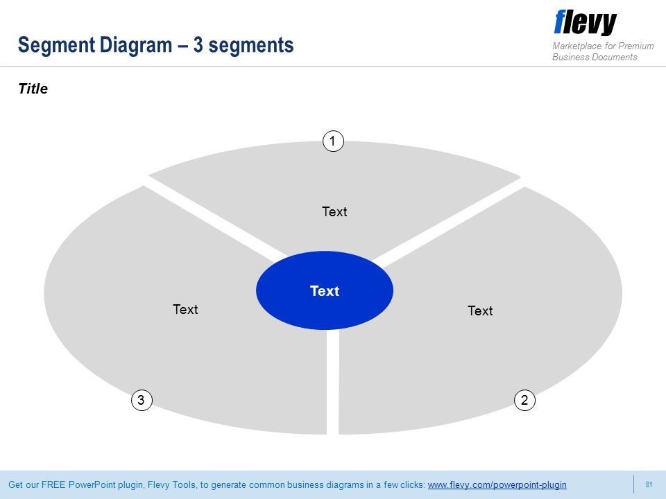81 Marketplace for Premium Business Documents Get our FREE PowerPoint plugin, Flevy Tools, to generate common business diagrams in a few clicks:   Segment Diagram – 3 segments Title 1 Text 2 3