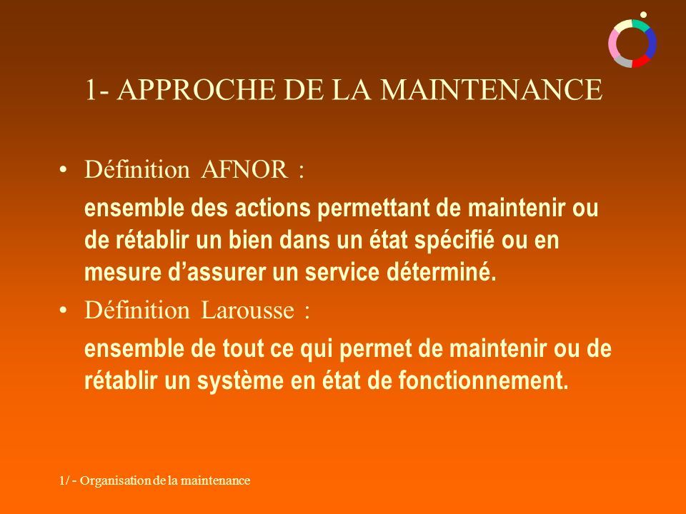 1/ - Organisation de la maintenance Définition AFNOR : ensemble des actions permettant de maintenir ou de rétablir un bien dans un état spécifié ou en mesure d’assurer un service déterminé.