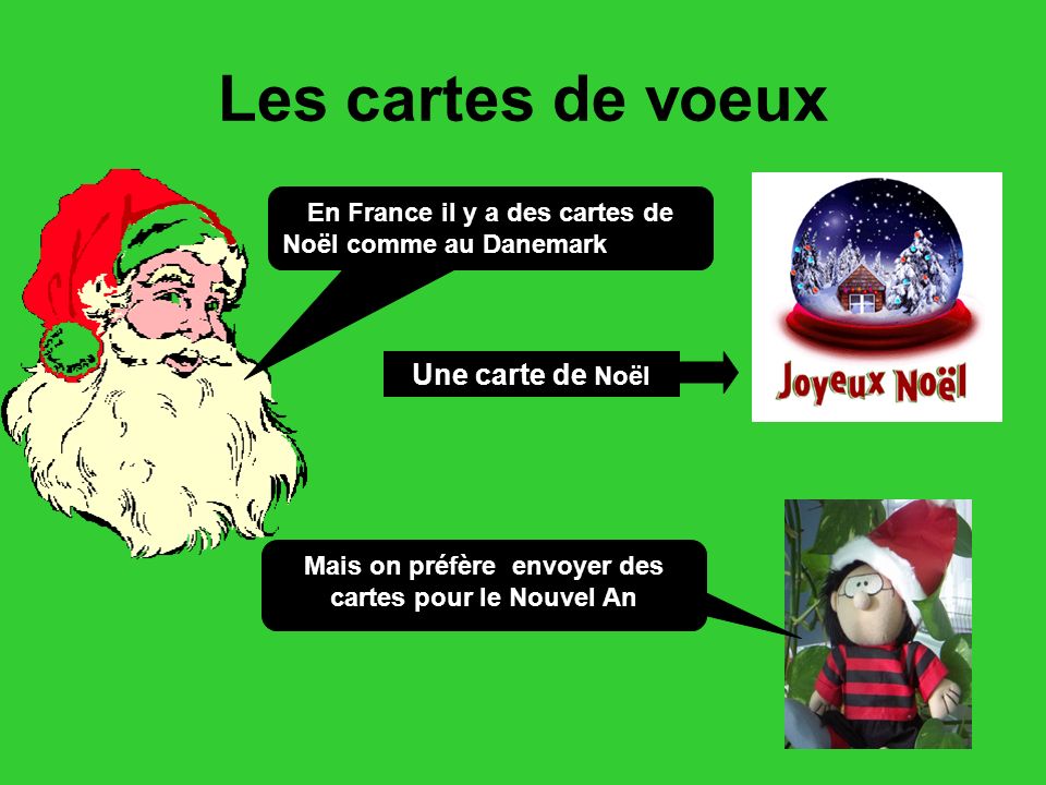 Les cartes de voeux En France il y a des cartes de Noël comme au Danemark Une carte de Noël Mais on préfère envoyer des cartes pour le Nouvel An