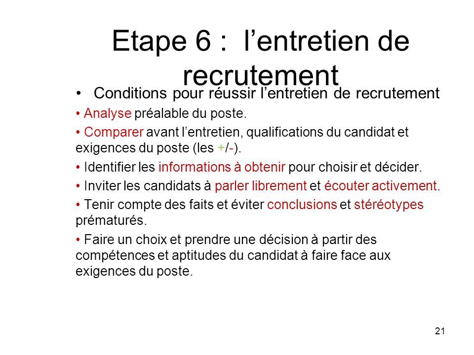Etape 6 : l’entretien de recrutement Conditions pour réussir l’entretien de recrutement Analyse préalable du poste.