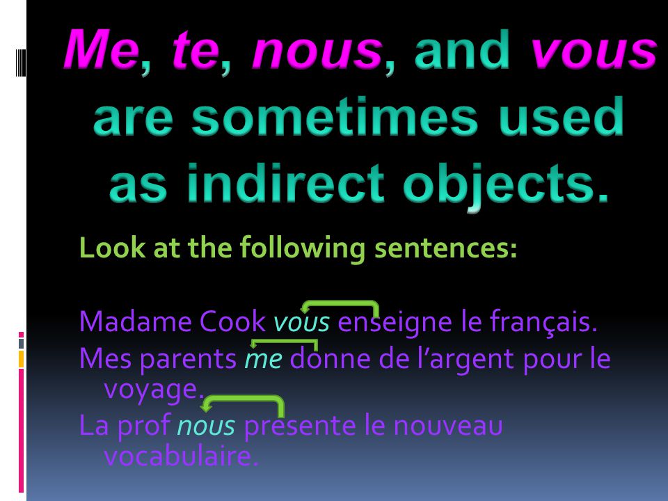 Look at the following sentences: Madame Cook vous enseigne le français.