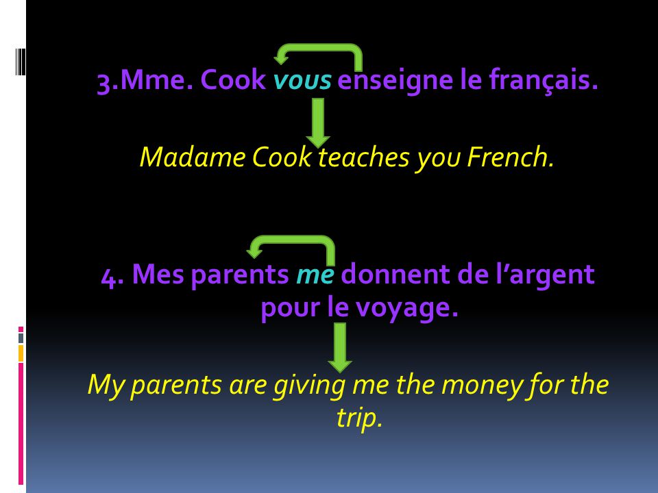 3.Mme. Cook vous enseigne le français. Madame Cook teaches you French.