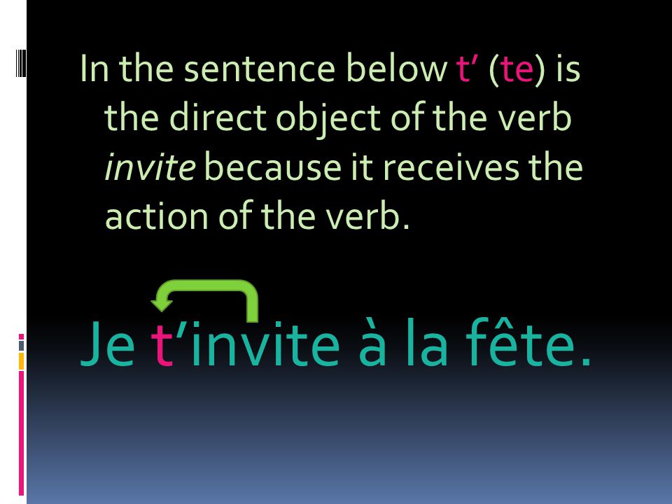 In the sentence below t (te) is the direct object of the verb invite because it receives the action of the verb.