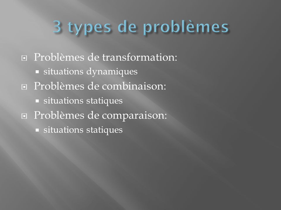 Problèmes de transformation: situations dynamiques Problèmes de combinaison: situations statiques Problèmes de comparaison: situations statiques