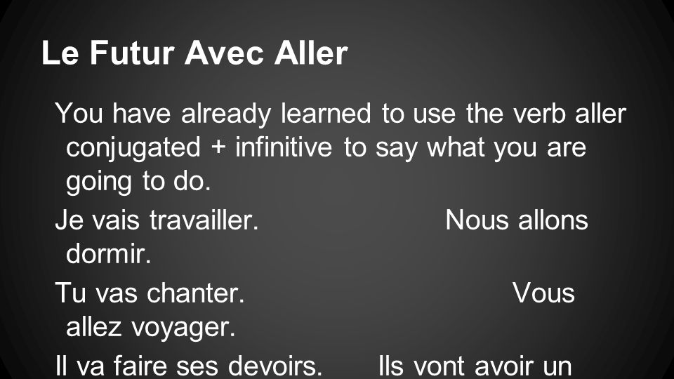 Le Futur Avec Aller You have already learned to use the verb aller conjugated + infinitive to say what you are going to do.