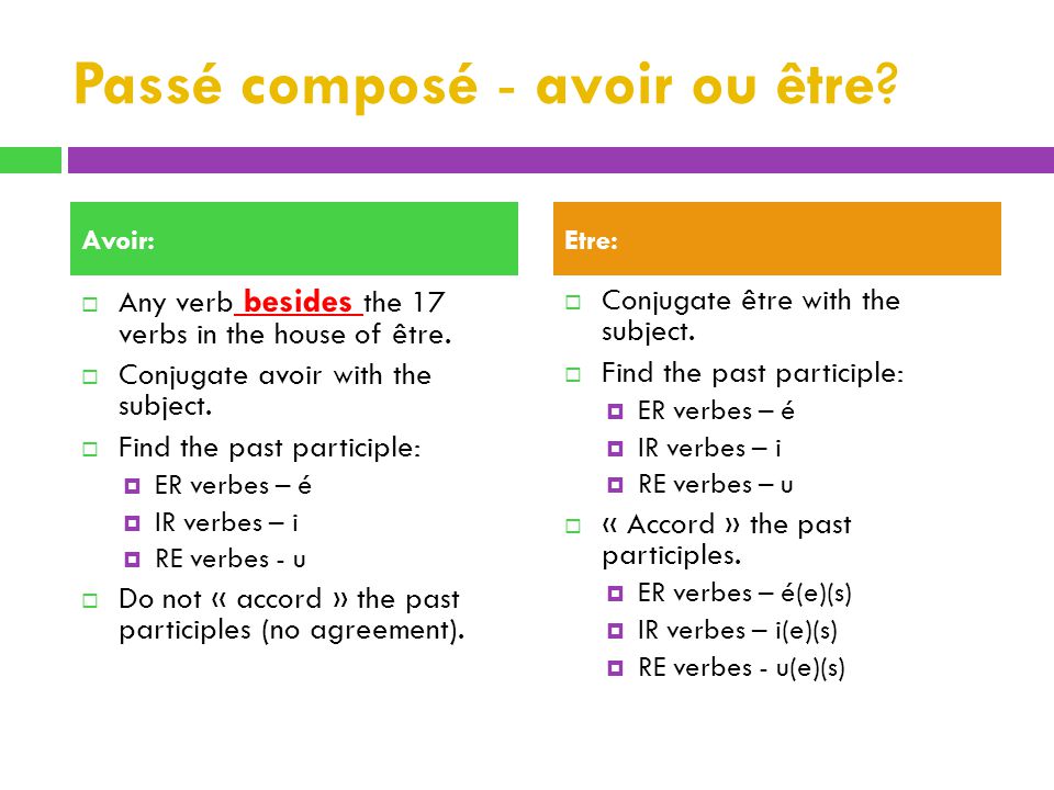 Passé composé - avoir ou être. Any verb besides the 17 verbs in the house of être.