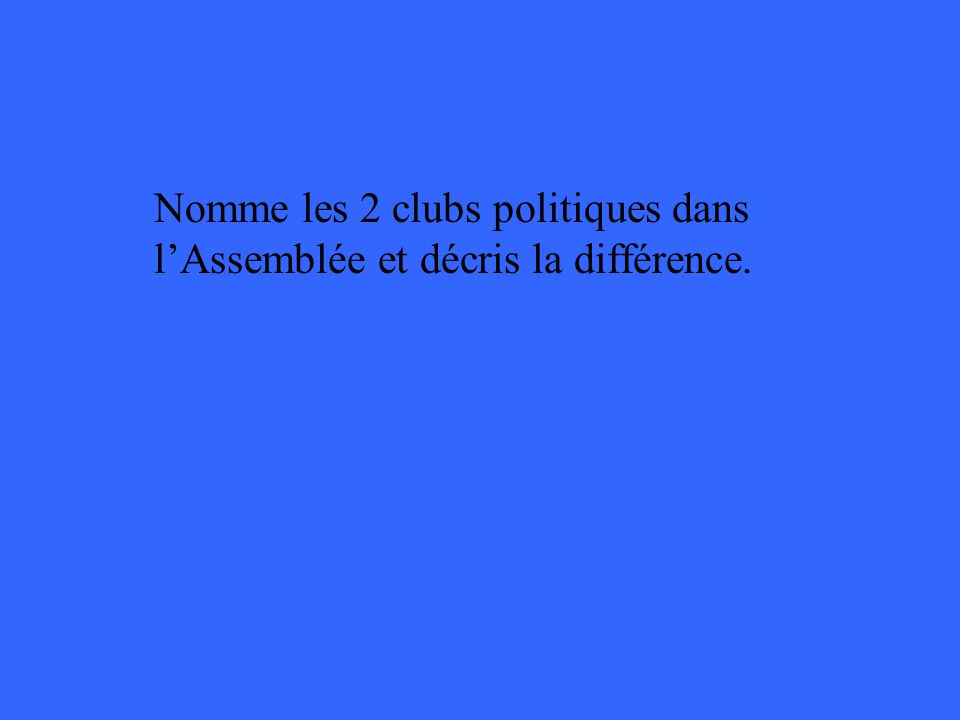 Nomme les 2 clubs politiques dans lAssemblée et décris la différence.