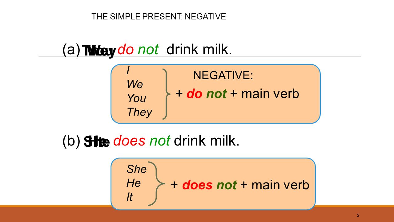 Present Simple NEGATIVE AND INTERROGATIVE. 2 (a) do not drink milk