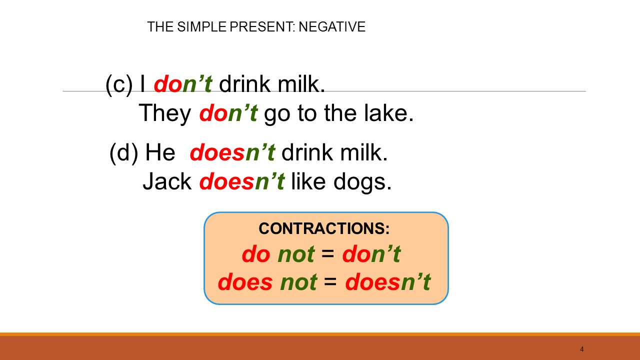 Present Simple NEGATIVE AND INTERROGATIVE. 2 (a) do not drink milk.  IYouThey NEGATIVE: I We You They + do not + main verb She He It + does not  + main. - ppt télécharger