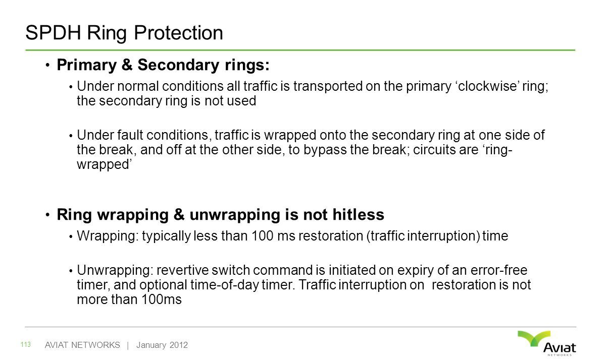 SPDH Ring Protection Primary & Secondary rings: Under normal conditions all traffic is transported on the primary ‘clockwise’ ring; the secondary ring is not used Under fault conditions, traffic is wrapped onto the secondary ring at one side of the break, and off at the other side, to bypass the break; circuits are ‘ring- wrapped’ Ring wrapping & unwrapping is not hitless Wrapping: typically less than 100 ms restoration (traffic interruption) time Unwrapping: revertive switch command is initiated on expiry of an error-free timer, and optional time-of-day timer.