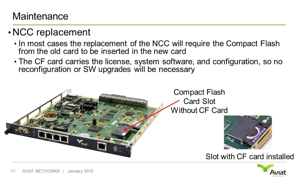 Maintenance NCC replacement In most cases the replacement of the NCC will require the Compact Flash from the old card to be inserted in the new card The CF card carries the license, system software, and configuration, so no reconfiguration or SW upgrades will be necessary 124 AVIAT NETWORKS | January 2012 Compact Flash Card Slot Without CF Card Slot with CF card installed