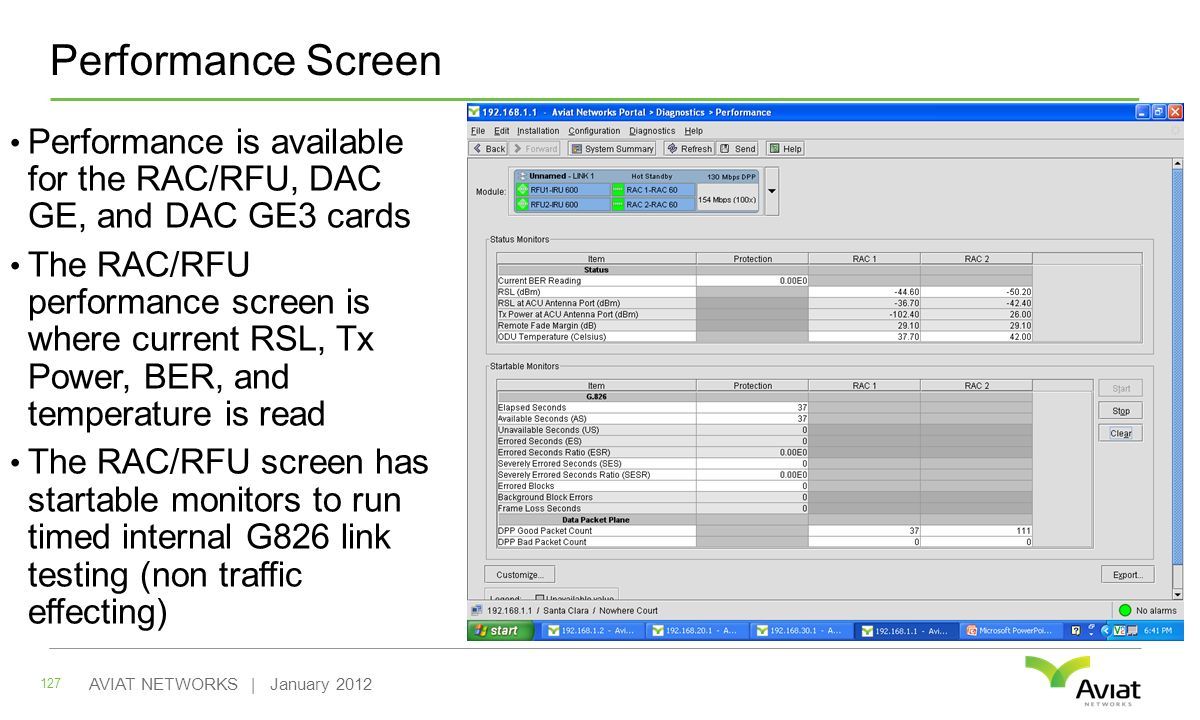 Performance Screen 127 AVIAT NETWORKS | January 2012 Performance is available for the RAC/RFU, DAC GE, and DAC GE3 cards The RAC/RFU performance screen is where current RSL, Tx Power, BER, and temperature is read The RAC/RFU screen has startable monitors to run timed internal G826 link testing (non traffic effecting)