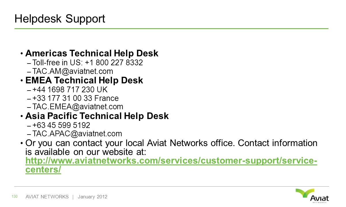 Helpdesk Support Americas Technical Help Desk – Toll-free in US: – EMEA Technical Help Desk – UK – France – Asia Pacific Technical Help Desk – – Or you can contact your local Aviat Networks office.