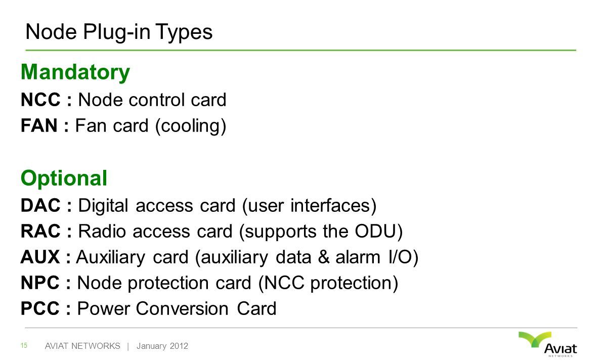 Node Plug-in Types Mandatory NCC : Node control card FAN : Fan card (cooling) Optional DAC : Digital access card (user interfaces) RAC : Radio access card (supports the ODU) AUX : Auxiliary card (auxiliary data & alarm I/O) NPC : Node protection card (NCC protection) PCC : Power Conversion Card 15 AVIAT NETWORKS | January 2012