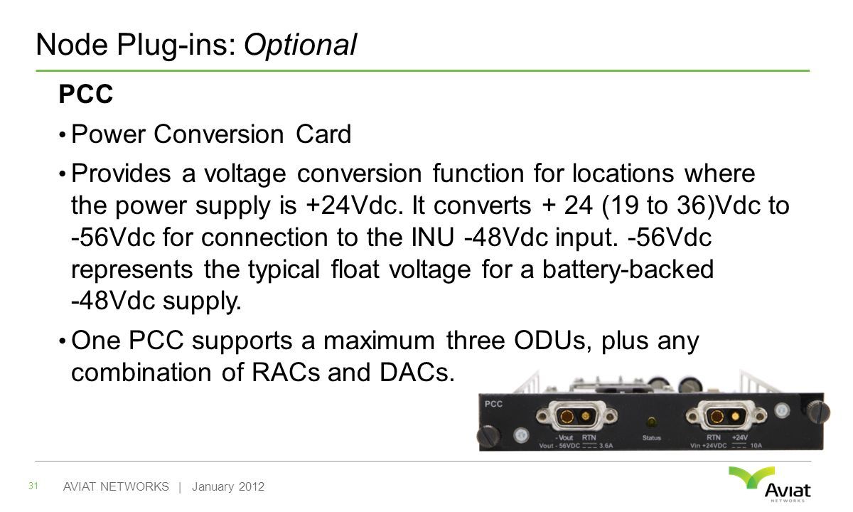 Node Plug-ins: Optional PCC Power Conversion Card Provides a voltage conversion function for locations where the power supply is +24Vdc.