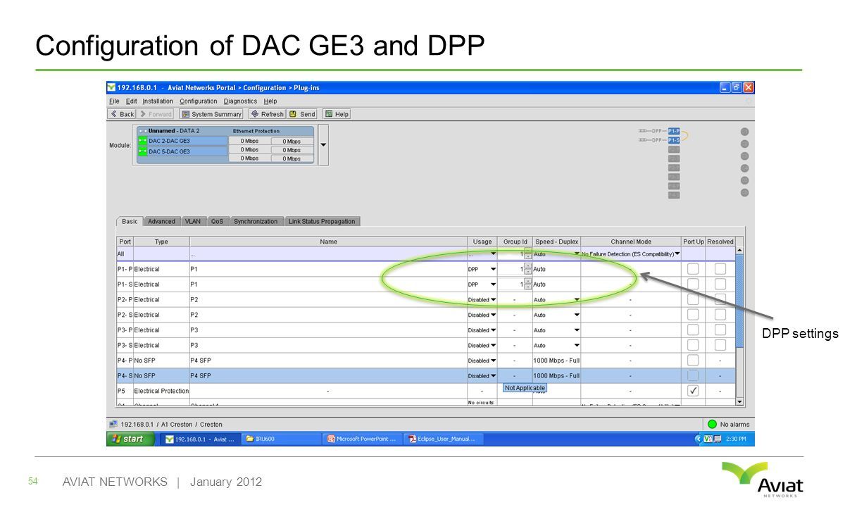 Configuration of DAC GE3 and DPP 54 AVIAT NETWORKS | January 2012 DPP settings