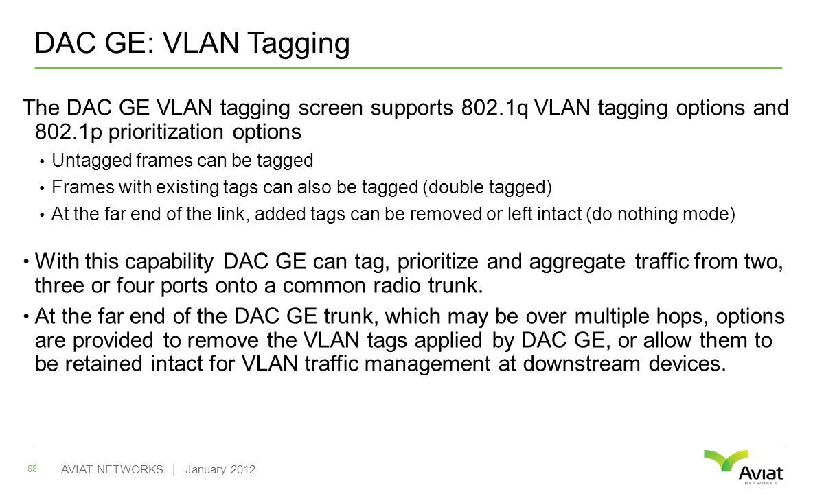 DAC GE: VLAN Tagging The DAC GE VLAN tagging screen supports 802.1q VLAN tagging options and 802.1p prioritization options Untagged frames can be tagged Frames with existing tags can also be tagged (double tagged) At the far end of the link, added tags can be removed or left intact (do nothing mode) With this capability DAC GE can tag, prioritize and aggregate traffic from two, three or four ports onto a common radio trunk.