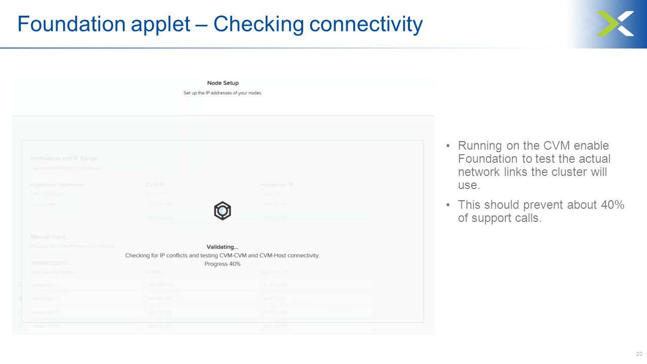 20 Foundation applet – Checking connectivity Running on the CVM enable Foundation to test the actual network links the cluster will use.