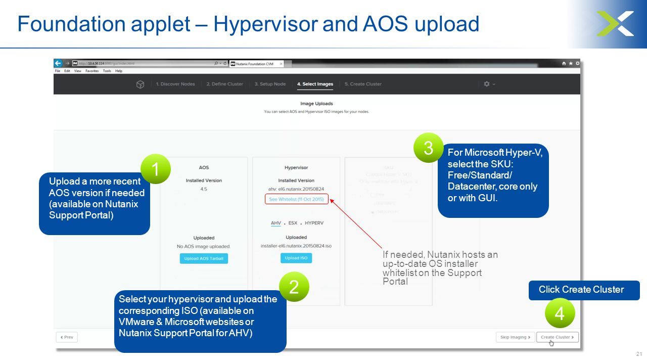 21 Foundation applet – Hypervisor and AOS upload Upload a more recent AOS version if needed (available on Nutanix Support Portal) 1 Click Create Cluster 4 Select your hypervisor and upload the corresponding ISO (available on VMware & Microsoft websites or Nutanix Support Portal for AHV) 2 For Microsoft Hyper-V, select the SKU: Free/Standard/ Datacenter, core only or with GUI.