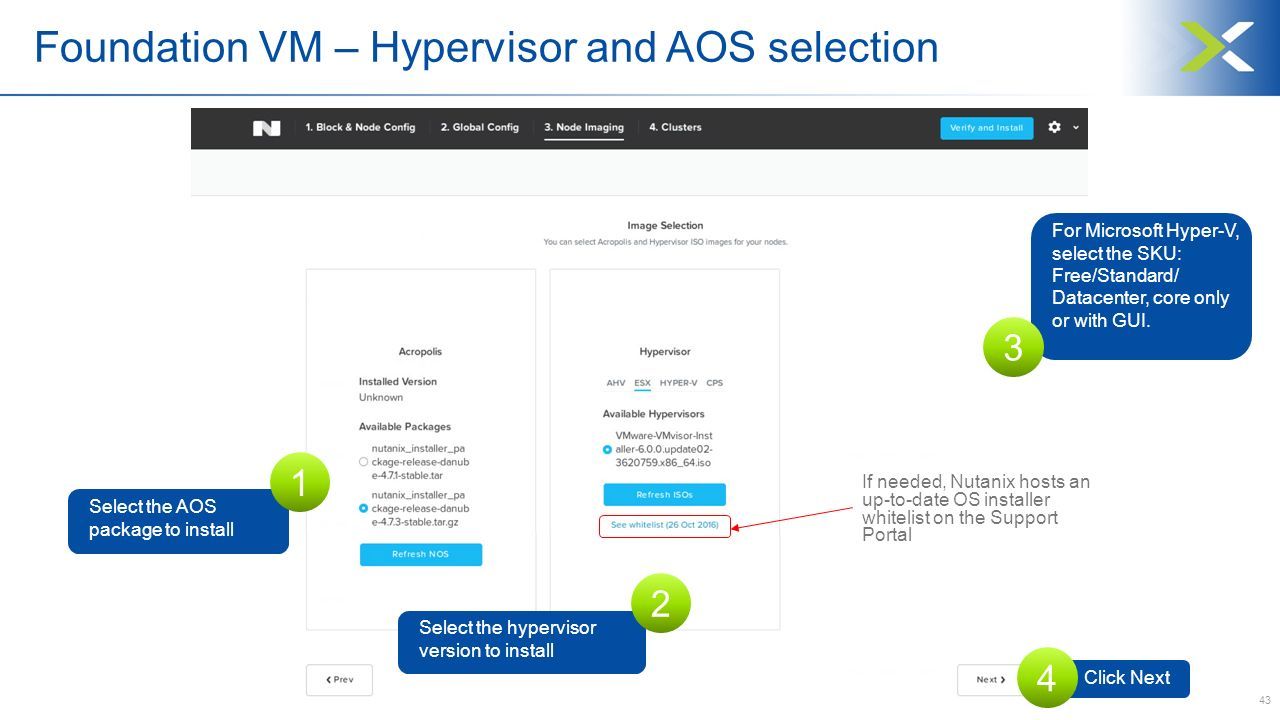 43 Foundation VM – Hypervisor and AOS selection Select the AOS package to install 1 Select the hypervisor version to install 2 For Microsoft Hyper-V, select the SKU: Free/Standard/ Datacenter, core only or with GUI.