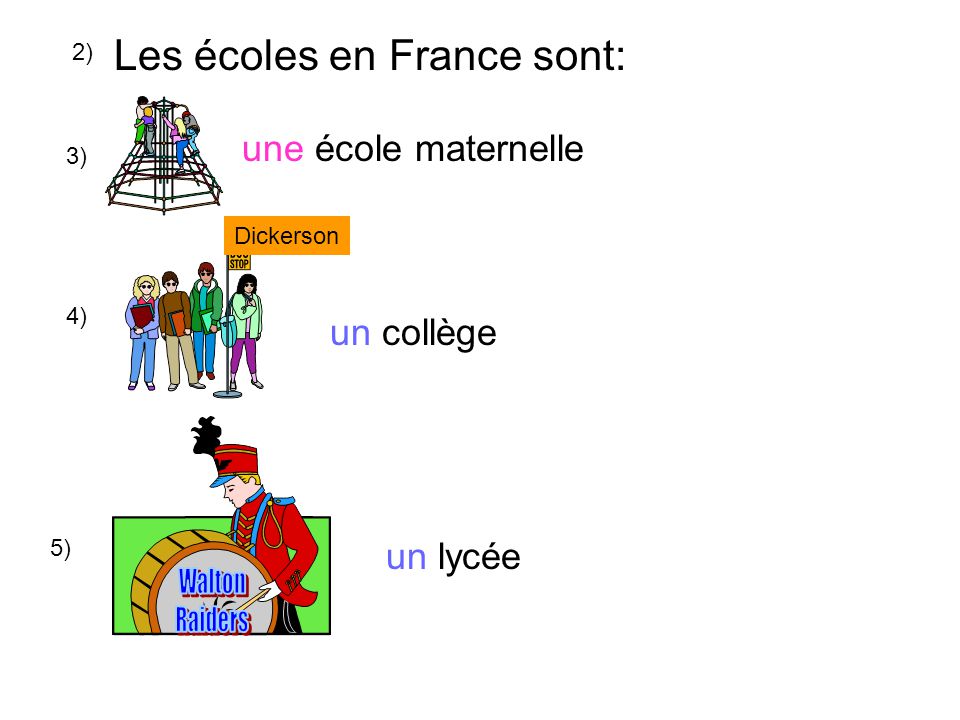2) Les écoles en France sont: 3) une école maternelle 4) Dickerson un collège 5) un lycée