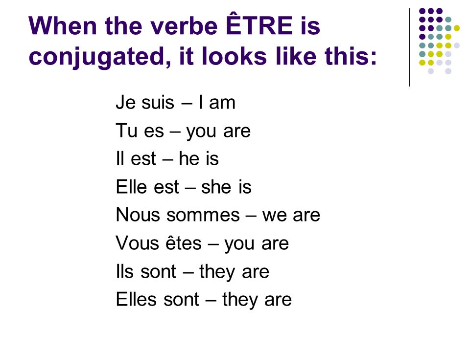 When the verbe ÊTRE is conjugated, it looks like this: Je suis – I am Tu es – you are Il est – he is Elle est – she is Nous sommes – we are Vous êtes – you are Ils sont – they are Elles sont – they are