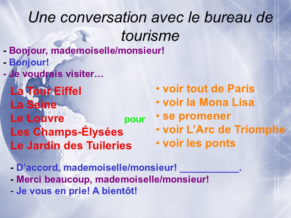 Une conversation avec le bureau de tourisme - Bonjour, mademoiselle/monsieur.