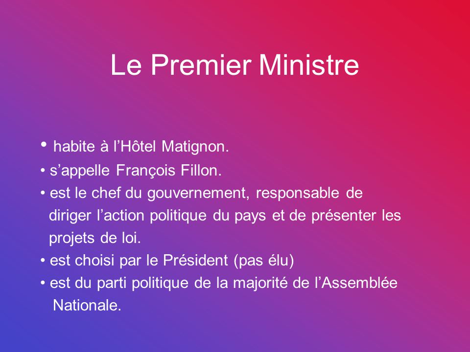 Le Premier Ministre habite à l’Hôtel Matignon. s’appelle François Fillon.